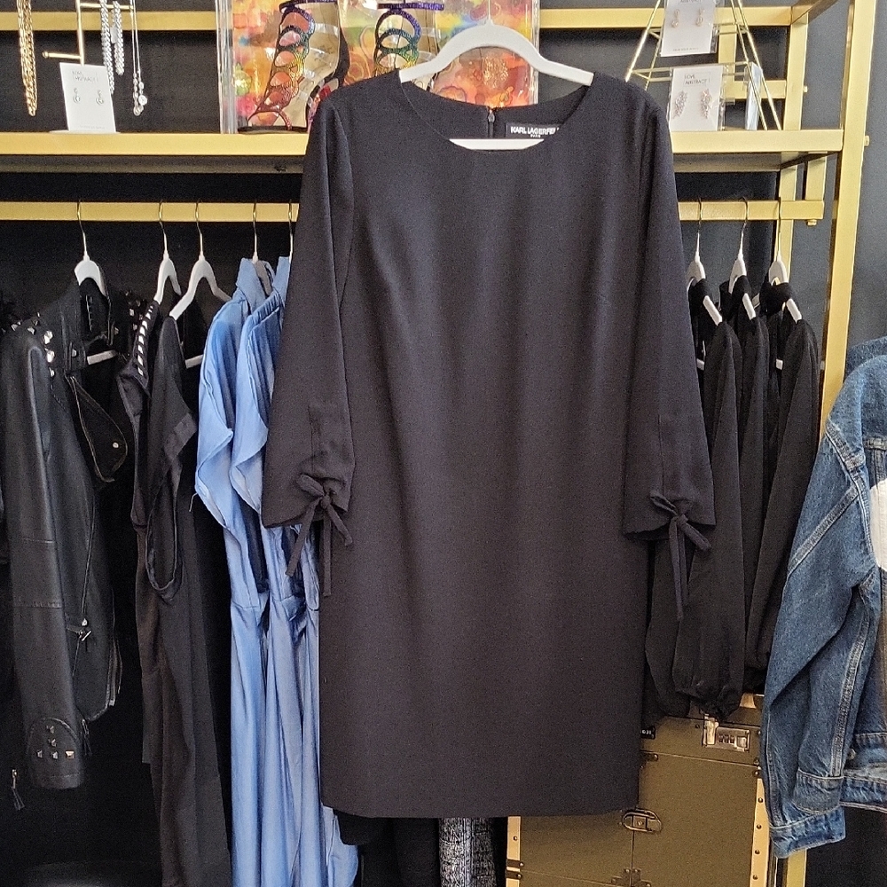 Karl Lagerfeld Black Sheath Dress with Puff Sleeves
